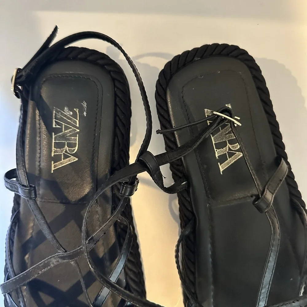 Zara Flatform Leather‎ Rope Strappy Platform Chunky Sandal Size 40 EUC Size 9 - Picture 2 of 6